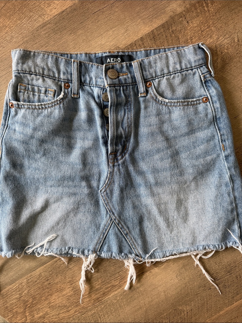 AERO Light Blue Distressed Denim Mini Skirt